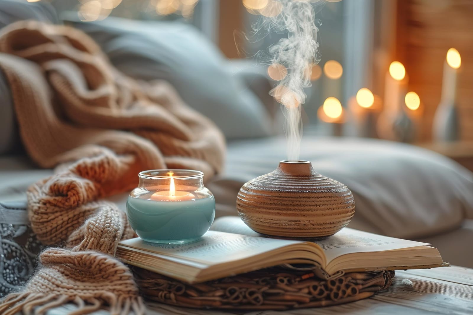 Livro aberto com uma vela acesa e um difusor de aromas sobre a mesa, em ambiente aconchegante