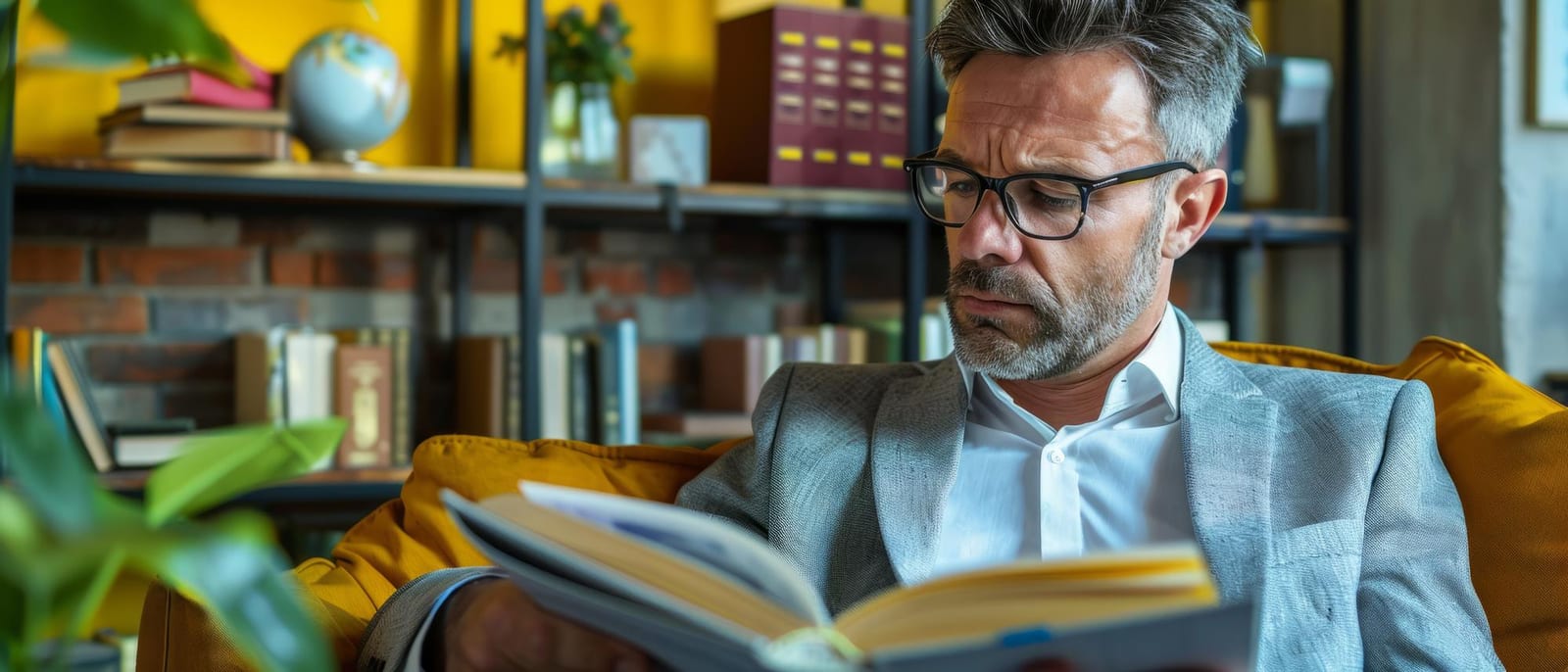Homem de terno lendo um livro em poltrona amarela, com um globo terrestre e estantes ao fundo